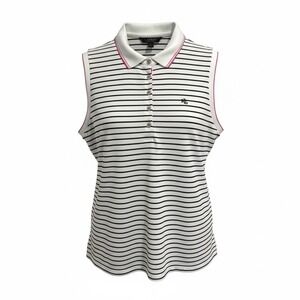 RALPH LAUREN Sleeveless 1/4 Button Up White & Black Stripe Polo Top Sz XL